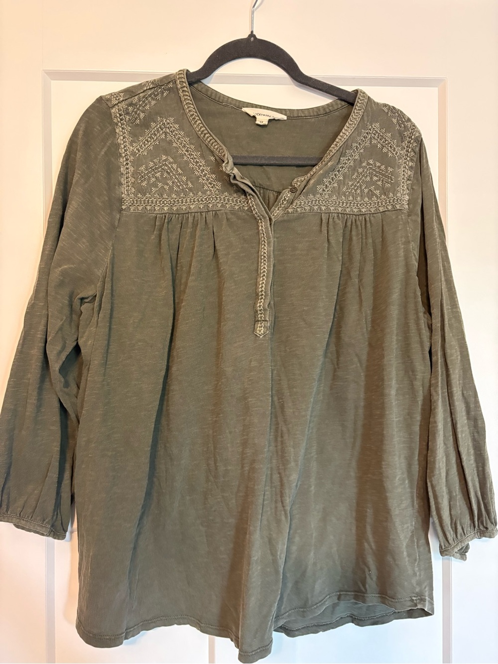 Lucky Brand Olive Green Embroidered Peasant Tunic